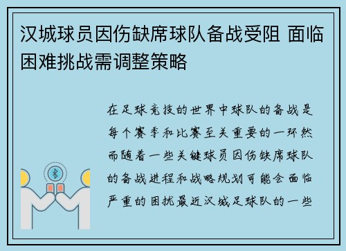 汉城球员因伤缺席球队备战受阻 面临困难挑战需调整策略
