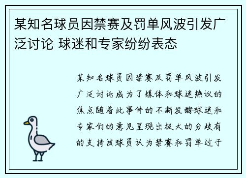 某知名球员因禁赛及罚单风波引发广泛讨论 球迷和专家纷纷表态